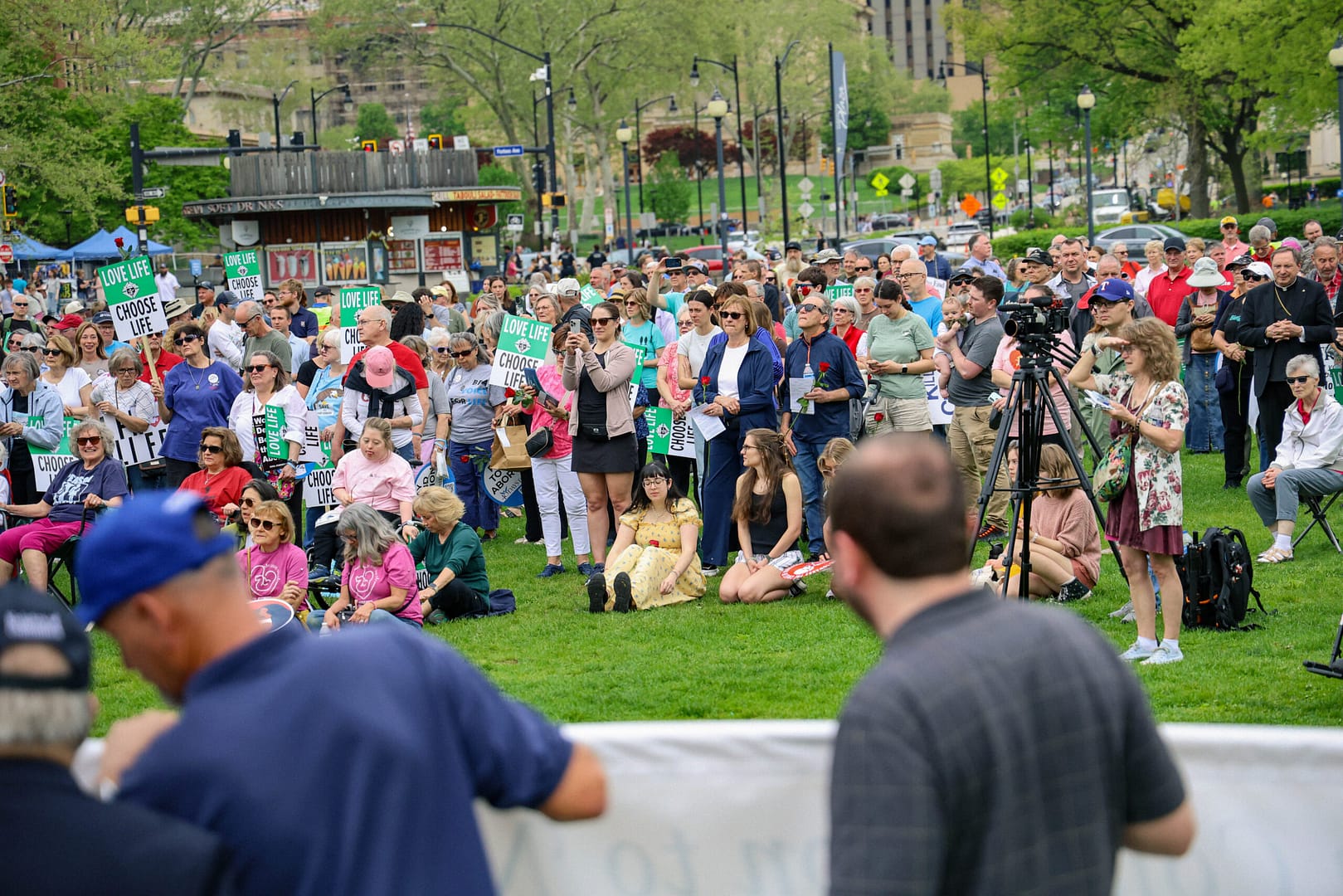 Pro-life demonstrators gather in Schenley Plaza on April 18, 2026 for the "first annual" march for life in Pittsburgh. Hundreds of demonstrators listened to speakers, singers, and preachers.