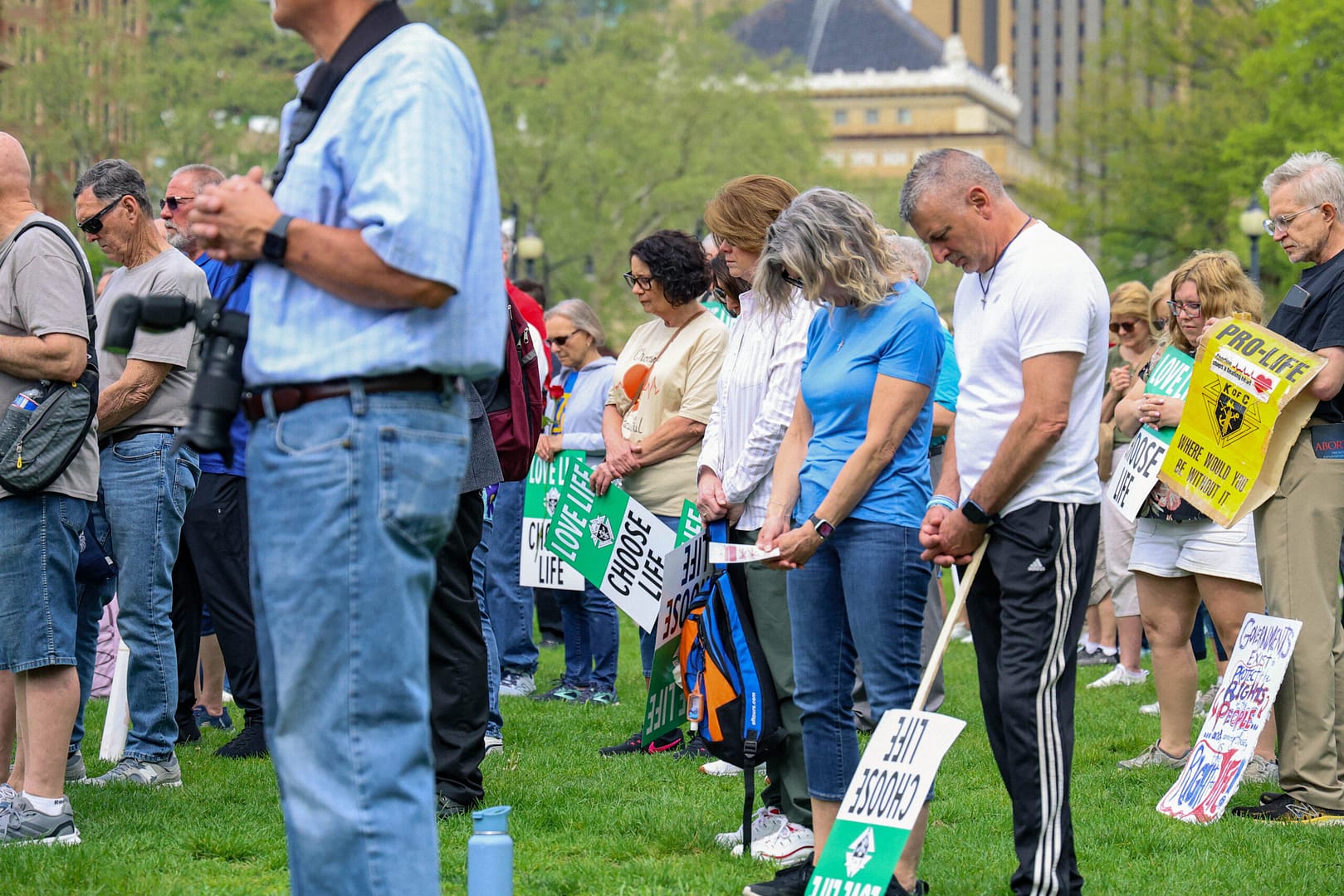 Pro-life demonstrators gather in Schenley Plaza on April 18, 2026 for the "first annual" march for life in Pittsburgh. Hundreds of demonstrators listened to speakers, singers, and preachers.